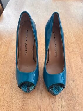 Chinese Laundry Teal Patent Peep-Toe Pumps with Snakeskin Accent